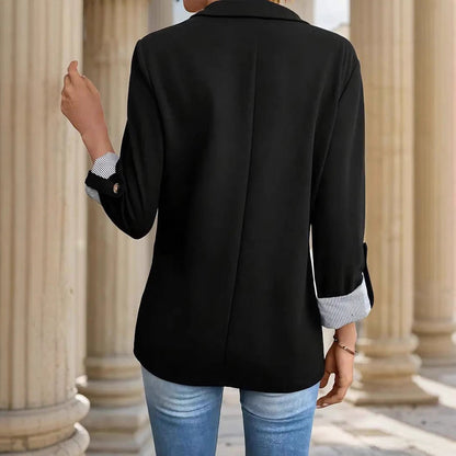 Elegant Tailored Blazer for Women with Notch Lapel Roll Tab Sleeve Longline Relaxed Style