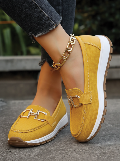 Comfortable Chain Detail Platform Loafer for Women with Round Toe Slip On Rubber Sole Casual Style
