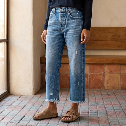 Effortless Distressed Straight Leg Jeans for Women with High Waist Frayed Hem Cropped Casual Style