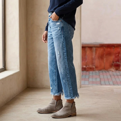 Effortless Distressed Straight Leg Jeans for Women with High Waist Frayed Hem Cropped Casual Style