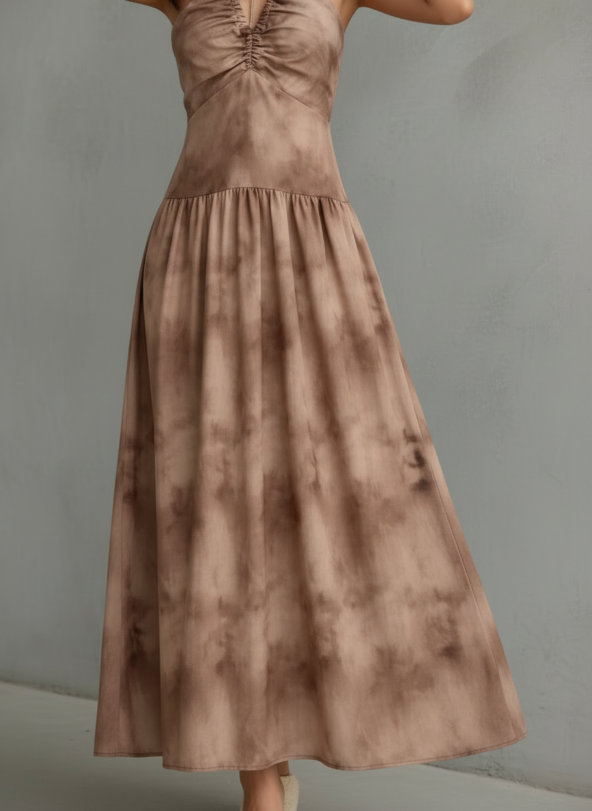 Effortless Brown Tie Dye Maxi Dress for Women with Halter Neck Ruched Sleeveless Flowing Bohemian Style