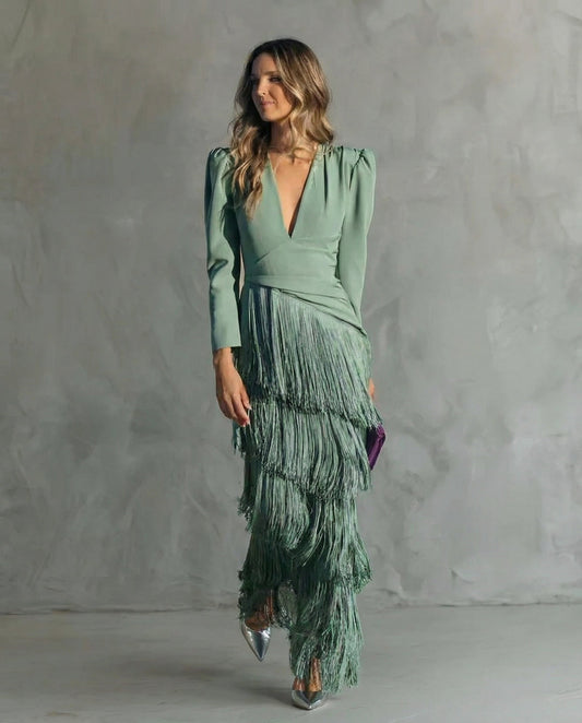 Elegant Sage Green Fringe Maxi Dress for Women with V Neck Long Sleeve Tiered Wrap Formal Wedding Guest Style