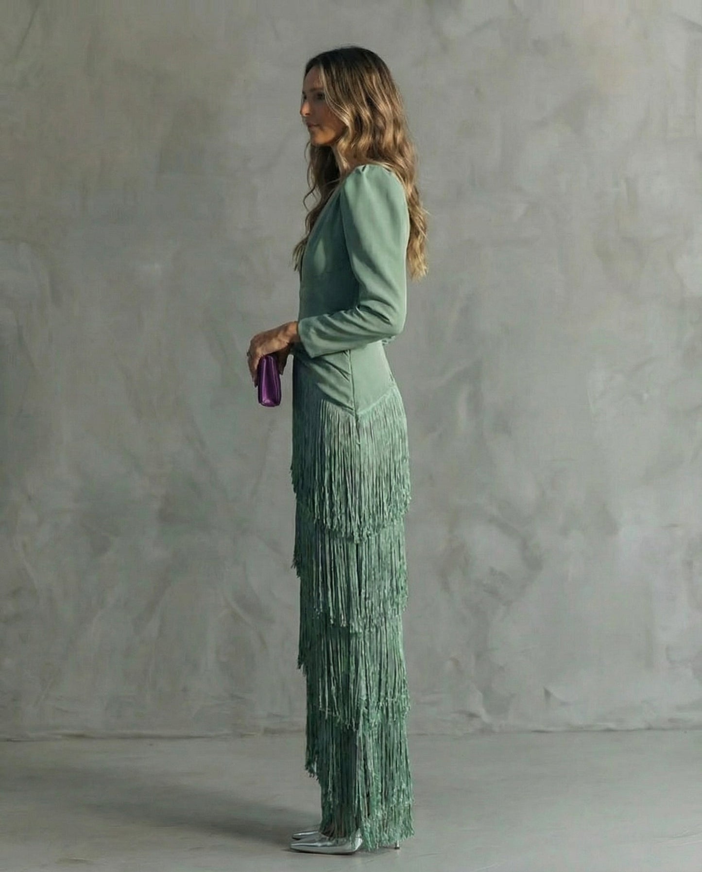 Elegant Sage Green Fringe Maxi Dress for Women with V Neck Long Sleeve Tiered Wrap Formal Wedding Guest Style