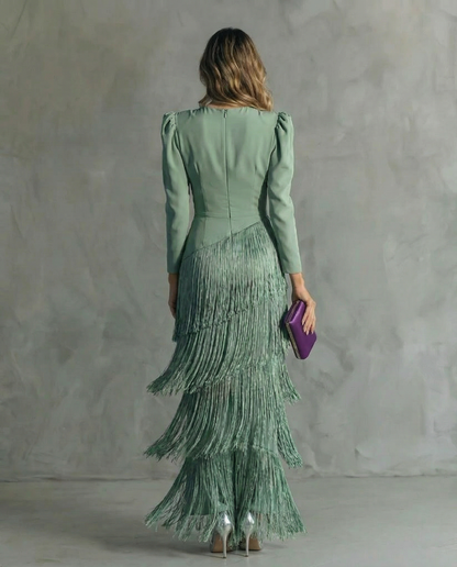 Elegant Sage Green Fringe Maxi Dress for Women with V Neck Long Sleeve Tiered Wrap Formal Wedding Guest Style