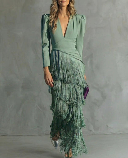 Elegant Sage Green Fringe Maxi Dress for Women with V Neck Long Sleeve Tiered Wrap Formal Wedding Guest Style