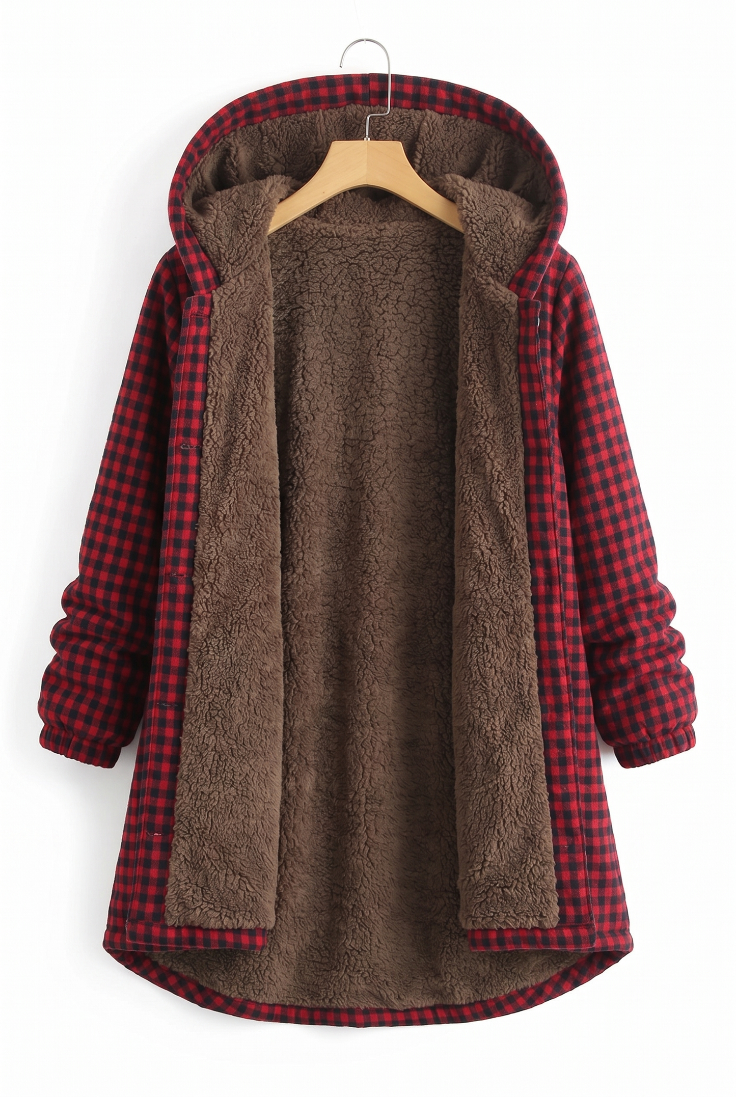 Effortless Plaid Fleece Jacket for Women with Hooded Long Sleeve Button Front High Low Hem Casual Style