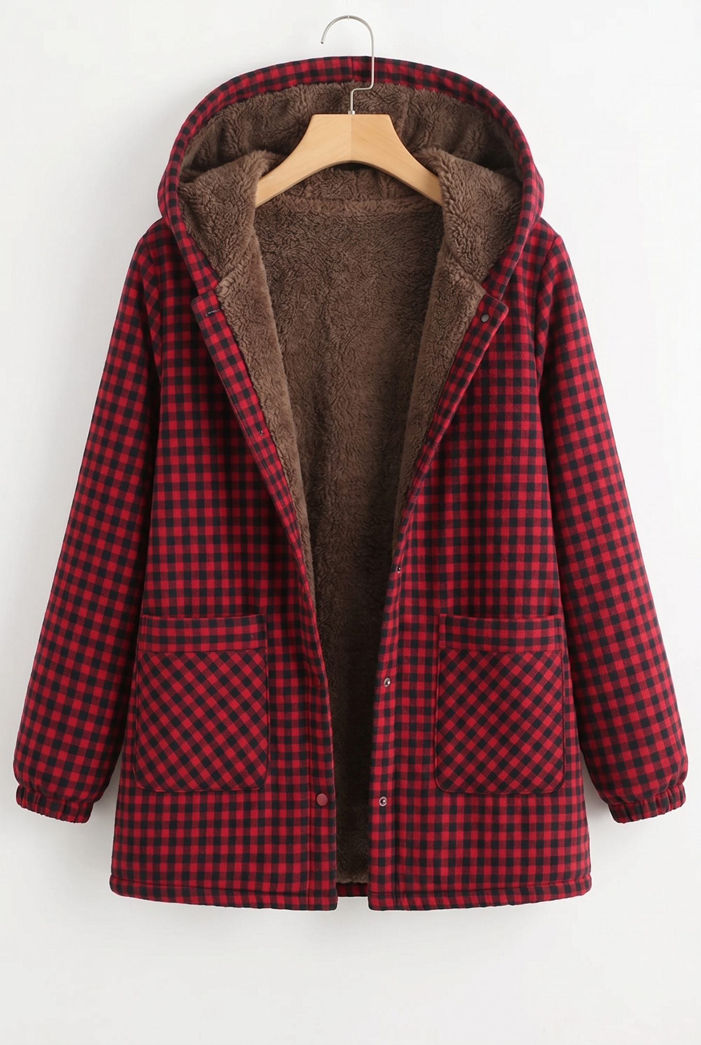 Effortless Plaid Fleece Jacket for Women with Hooded Long Sleeve Button Front High Low Hem Casual Style