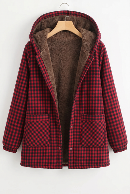 Effortless Plaid Fleece Jacket for Women with Hooded Long Sleeve Button Front High Low Hem Casual Style