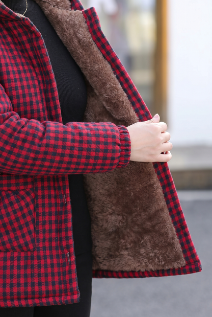 Effortless Plaid Fleece Jacket for Women with Hooded Long Sleeve Button Front High Low Hem Casual Style