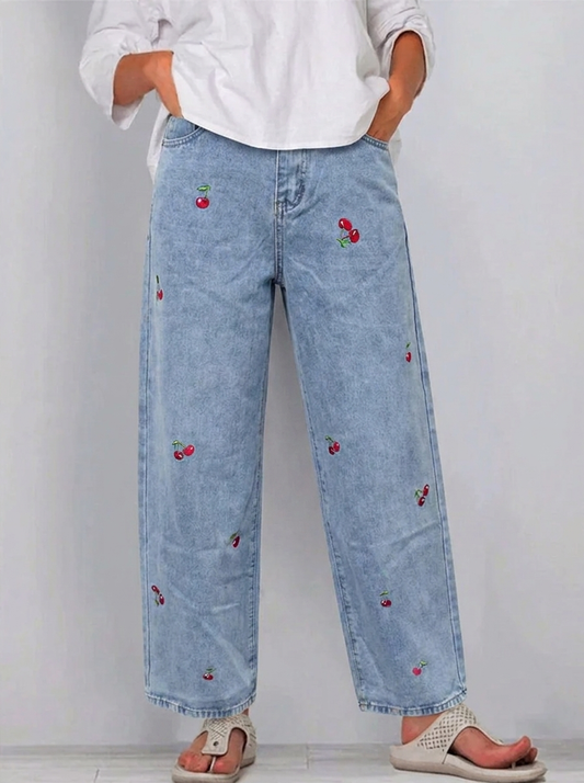 Effortless Blue Cherry Embroidered Wide Leg Jeans for Women with High Waist Relaxed Casual Style
