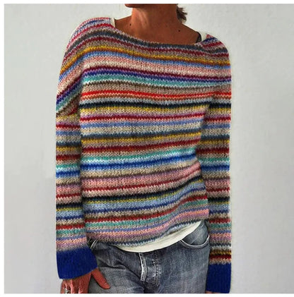 Comfortable Striped Knit Sweater for Women with Crew Neck Long Sleeve Relaxed Oversized Style