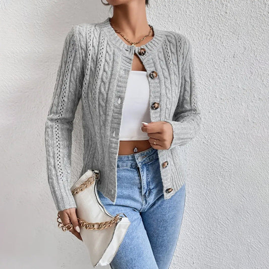Women's Twisted Knit Button Front Round Neck Cardigan