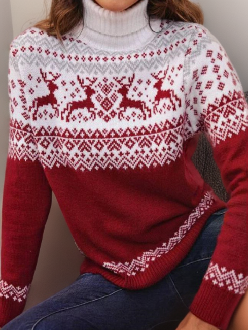 Comfortable Red Fair Isle Sweater for Women with Turtleneck Long Sleeve Reindeer Print Oversized Knit Style