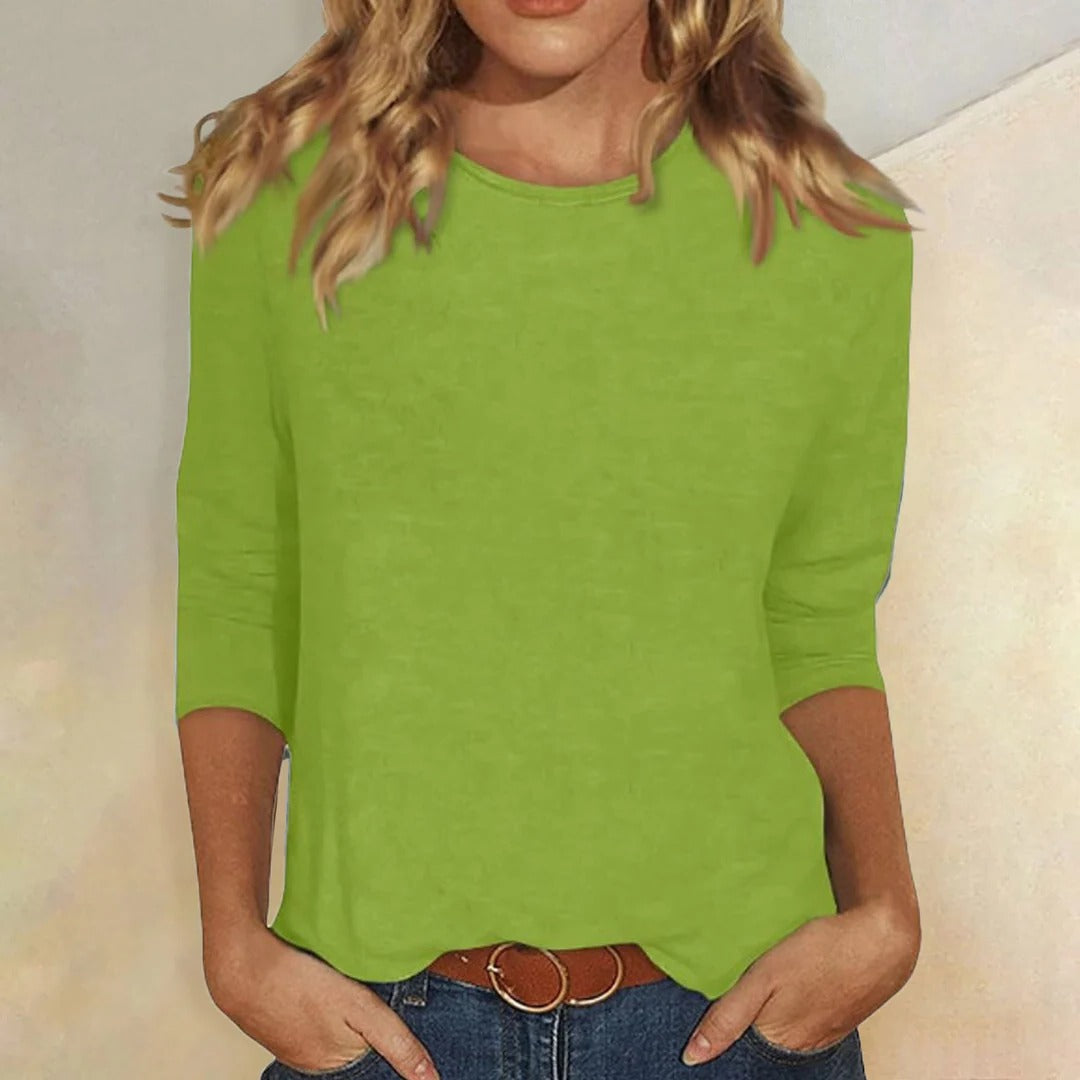 Effortless Knit Blouse for Women with Round Neck Elbow Sleeve Curved Hem Relaxed Casual Style