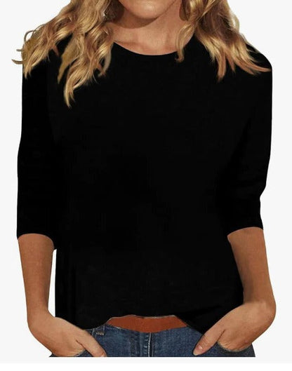 Effortless Knit Blouse for Women with Round Neck Elbow Sleeve Curved Hem Relaxed Casual Style