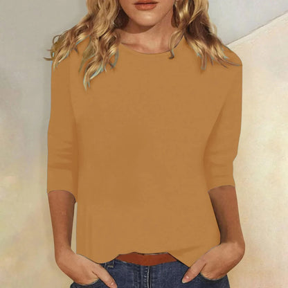 Effortless Knit Blouse for Women with Round Neck Elbow Sleeve Curved Hem Relaxed Casual Style