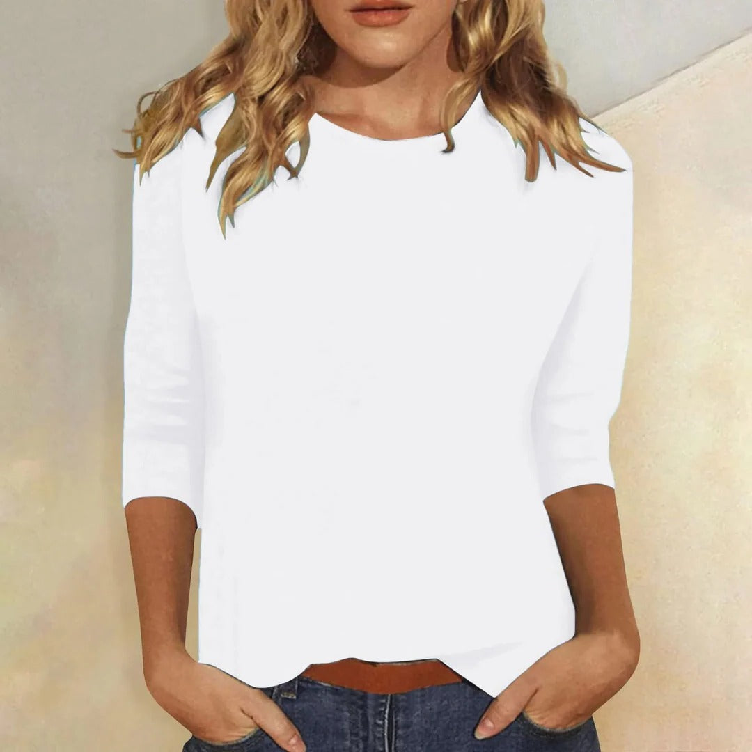Effortless Knit Blouse for Women with Round Neck Elbow Sleeve Curved Hem Relaxed Casual Style