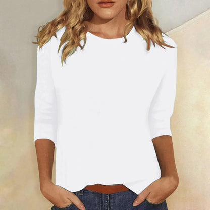 Effortless Knit Blouse for Women with Round Neck Elbow Sleeve Curved Hem Relaxed Casual Style