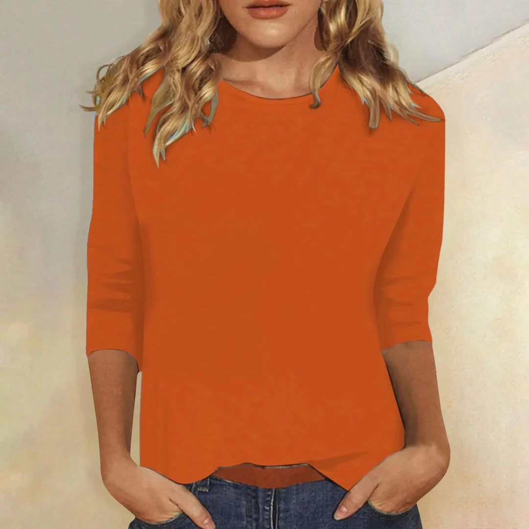 Effortless Knit Blouse for Women with Round Neck Elbow Sleeve Curved Hem Relaxed Casual Style