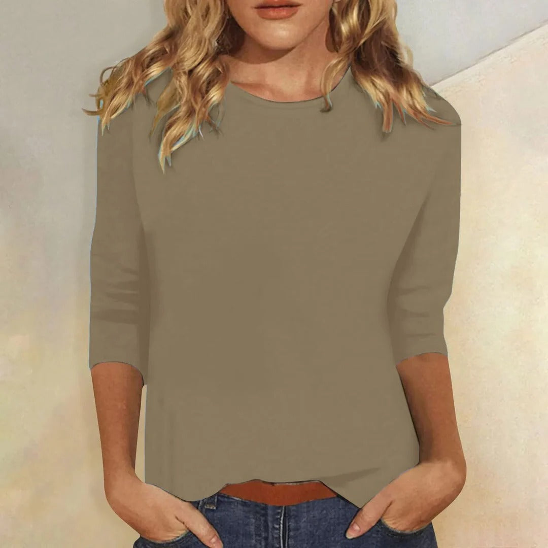 Effortless Knit Blouse for Women with Round Neck Elbow Sleeve Curved Hem Relaxed Casual Style