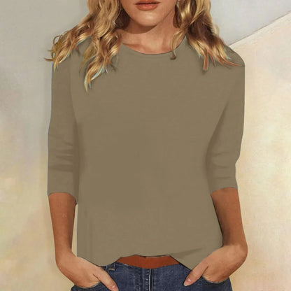 Effortless Knit Blouse for Women with Round Neck Elbow Sleeve Curved Hem Relaxed Casual Style