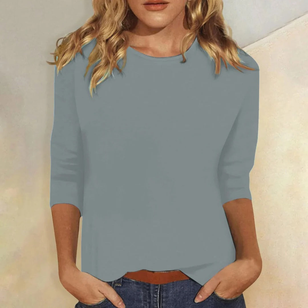 Effortless Knit Blouse for Women with Round Neck Elbow Sleeve Curved Hem Relaxed Casual Style