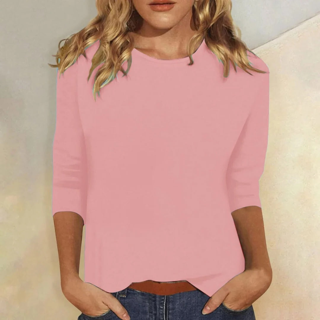 Effortless Knit Blouse for Women with Round Neck Elbow Sleeve Curved Hem Relaxed Casual Style