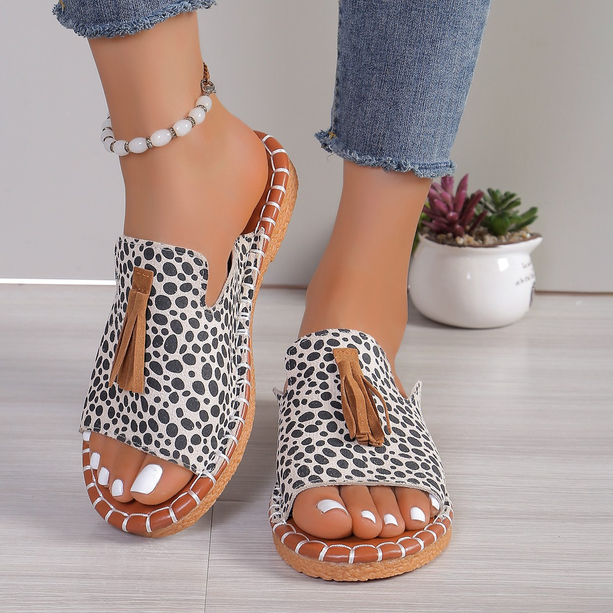 Effortless Tribal Print Slide Sandals for Women with Tassel Trim Open Toe Stitched Sole Bohemian Style