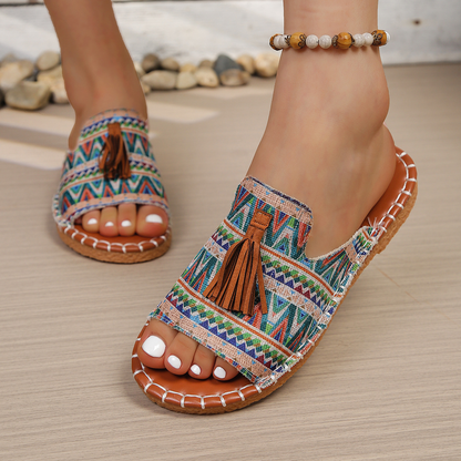 Effortless Tribal Print Slide Sandals for Women with Tassel Trim Open Toe Stitched Sole Bohemian Style