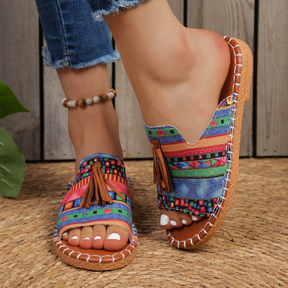 Effortless Tribal Print Slide Sandals for Women with Tassel Trim Open Toe Stitched Sole Bohemian Style