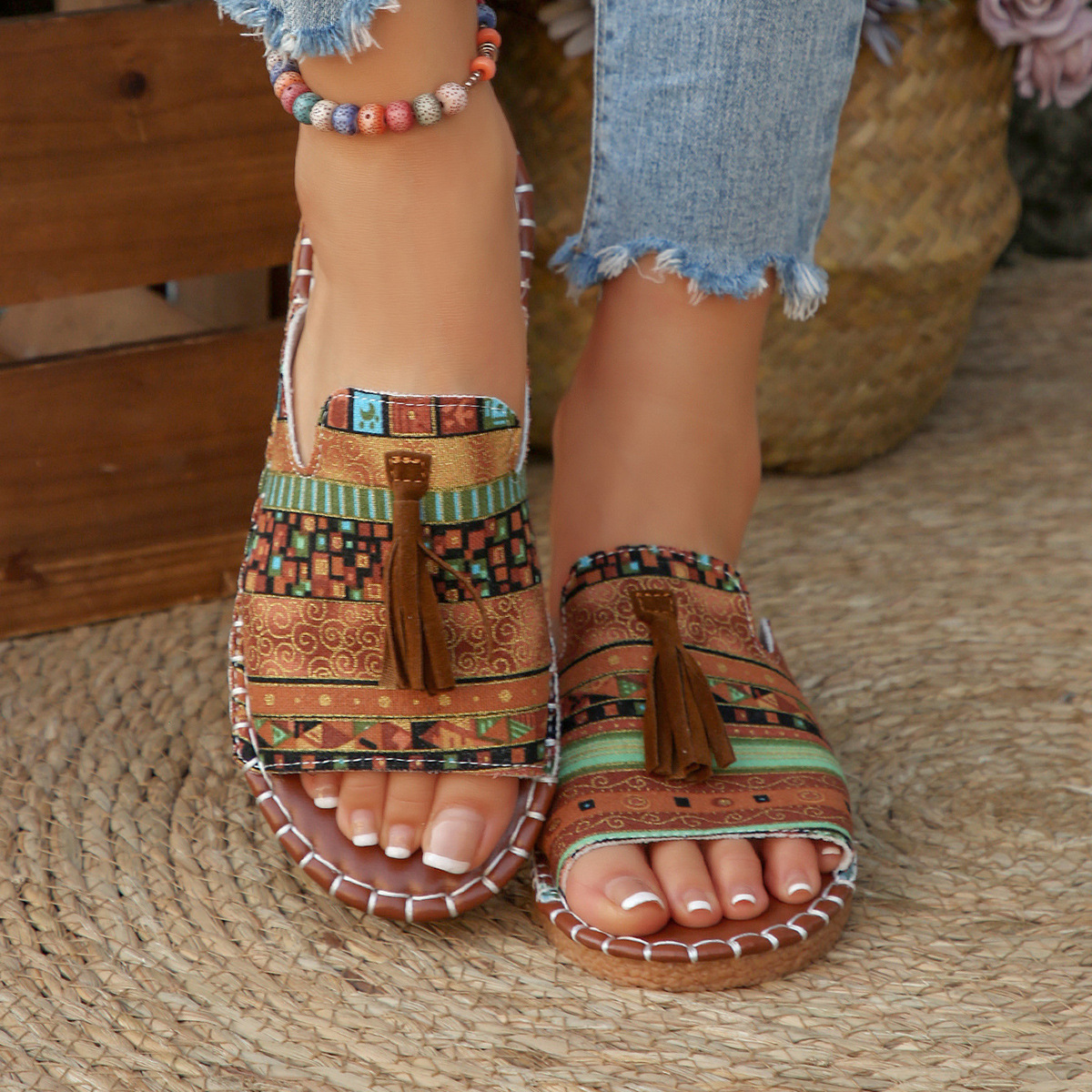 Effortless Tribal Print Slide Sandals for Women with Tassel Trim Open Toe Stitched Sole Bohemian Style