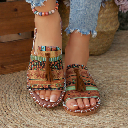 Effortless Tribal Print Slide Sandals for Women with Tassel Trim Open Toe Stitched Sole Bohemian Style