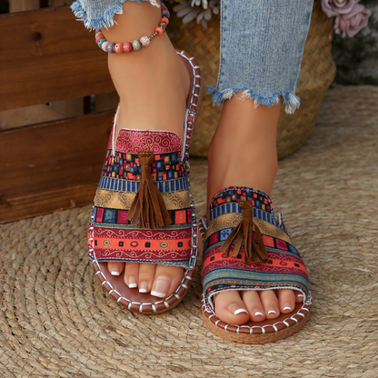 Effortless Tribal Print Slide Sandals for Women with Tassel Trim Open Toe Stitched Sole Bohemian Style