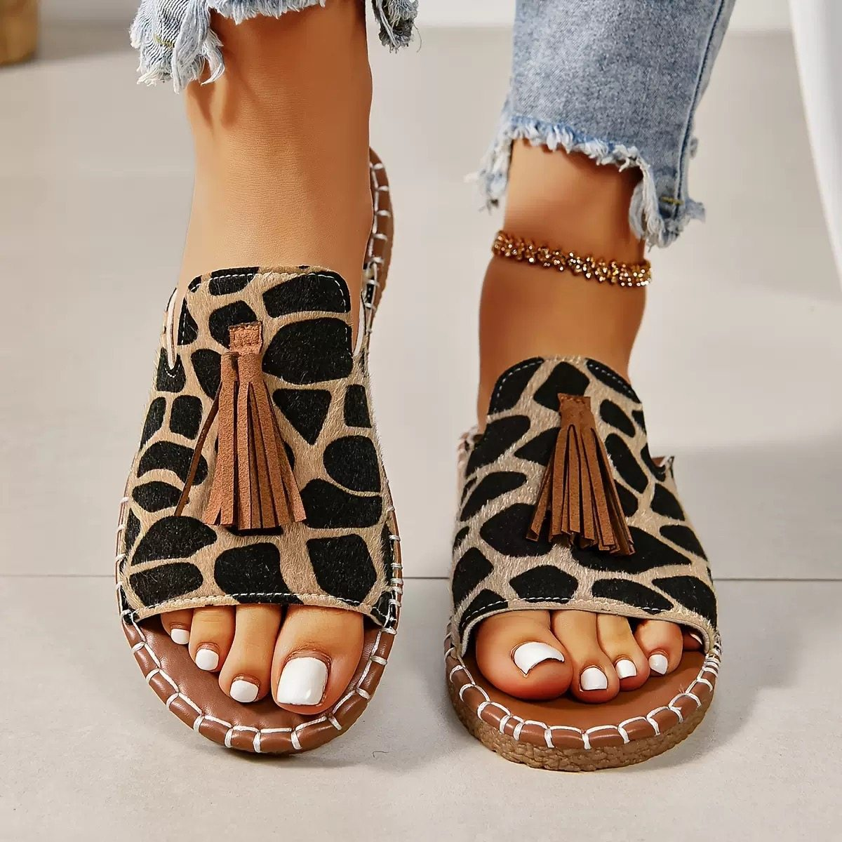 Effortless Tribal Print Slide Sandals for Women with Tassel Trim Open Toe Stitched Sole Bohemian Style