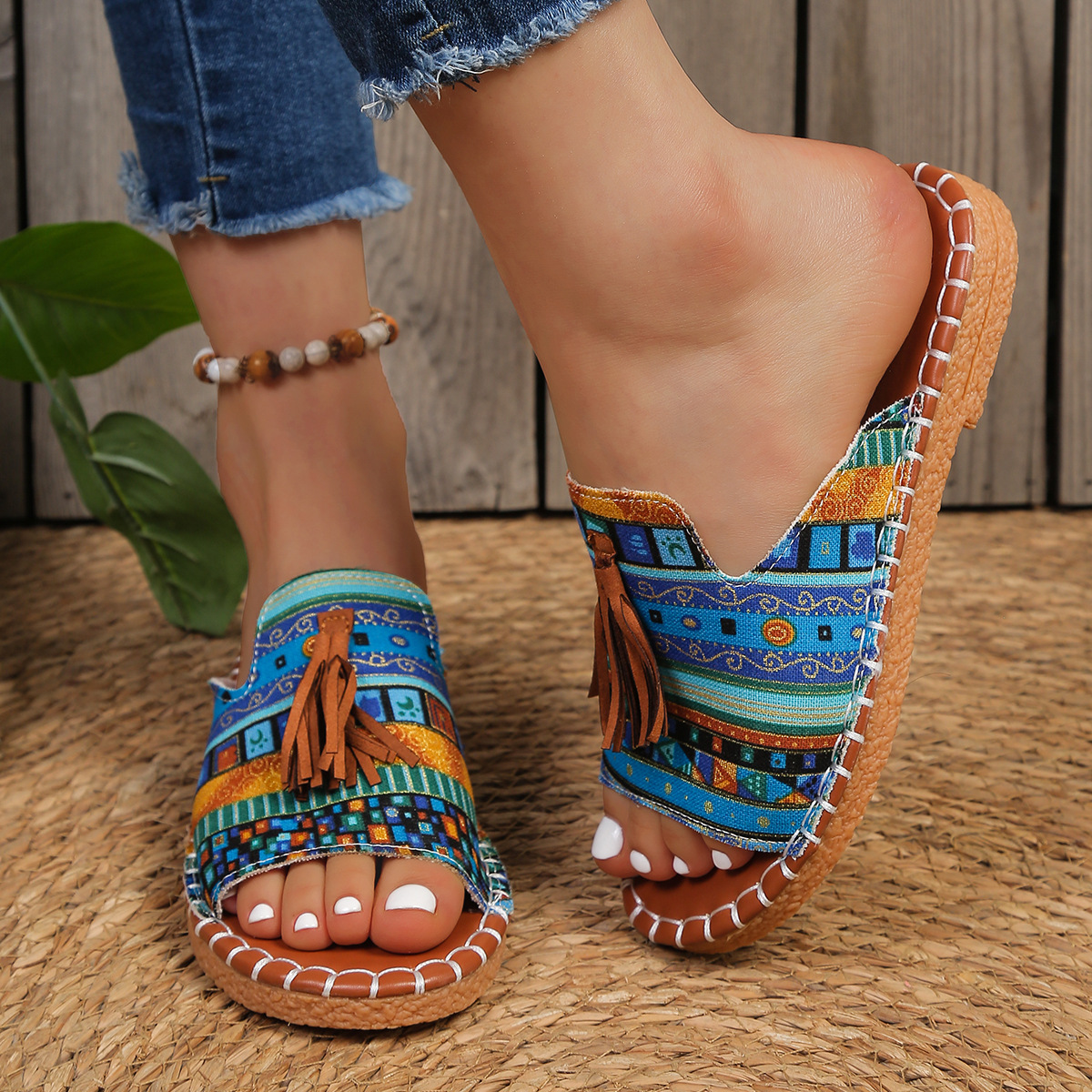 Effortless Tribal Print Slide Sandals for Women with Tassel Trim Open Toe Stitched Sole Bohemian Style