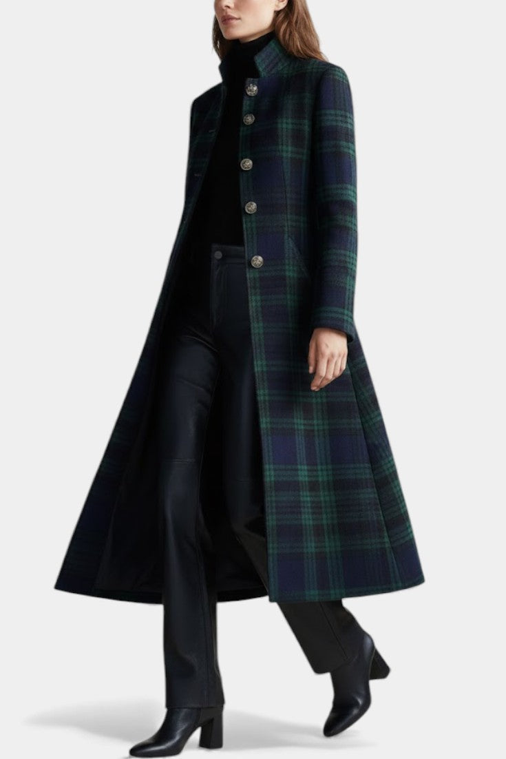 Women's Plaid Stand Collar Longline Wool Coat