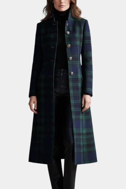 Women's Plaid Stand Collar Longline Wool Coat