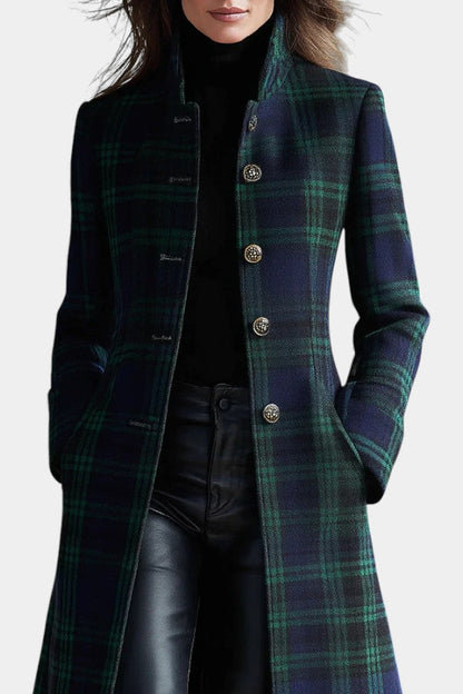 Women's Plaid Stand Collar Longline Wool Coat
