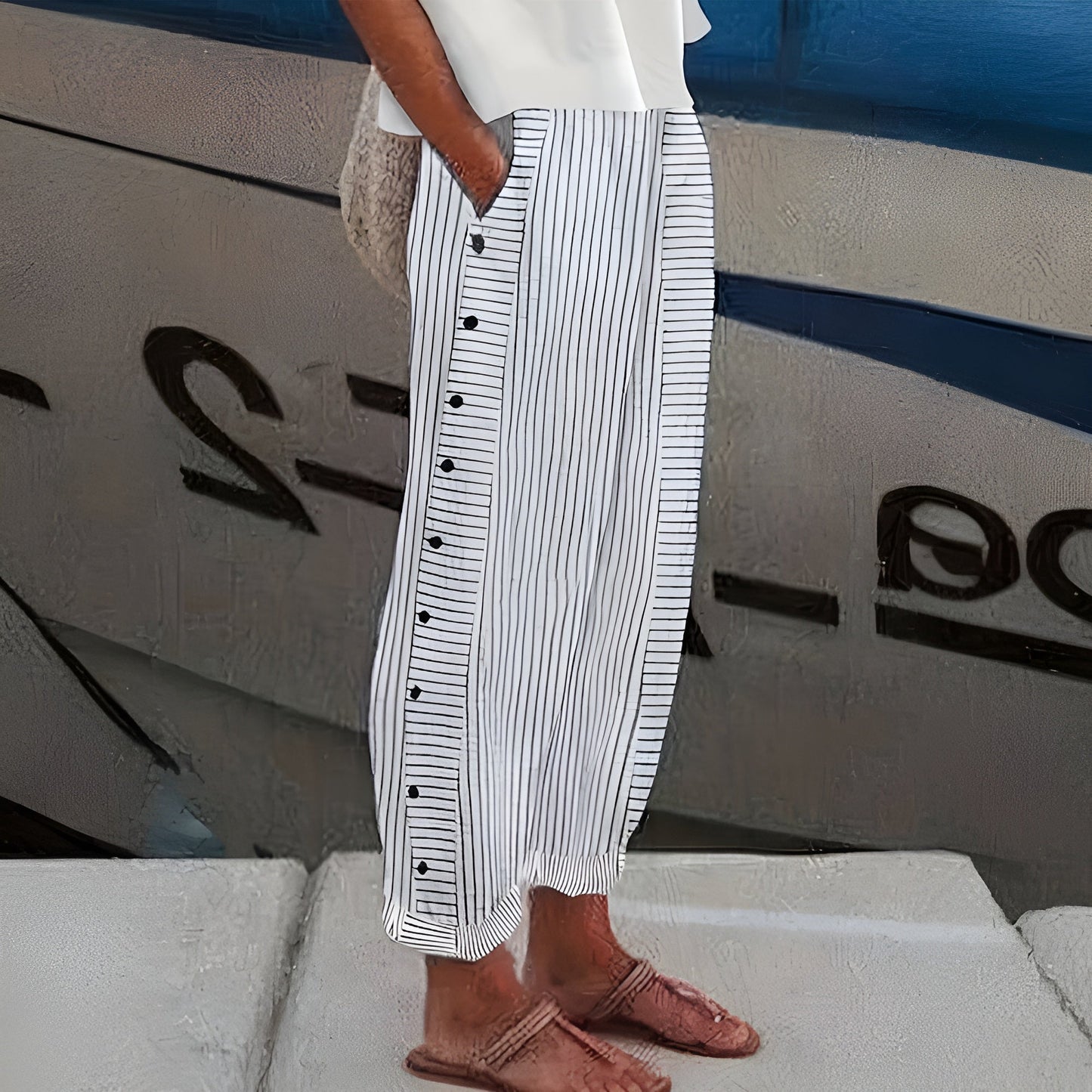 Effortless Striped Linen Pants for Women with Button Front Cuffed Wide Leg Relaxed Casual Style