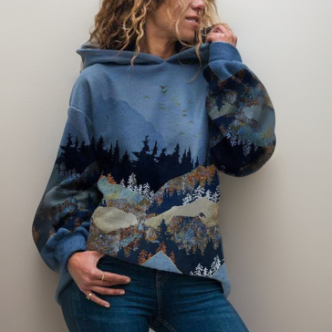 Comfortable Landscape Print Sweater for Women with Hooded Long Sleeve Relaxed Oversized Knit Style