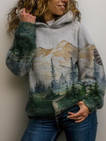 Comfortable Landscape Print Sweater for Women with Hooded Long Sleeve Relaxed Oversized Knit Style