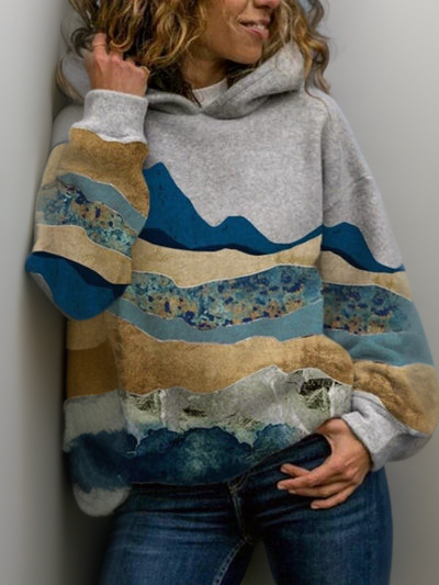 Comfortable Landscape Print Sweater for Women with Hooded Long Sleeve Relaxed Oversized Knit Style