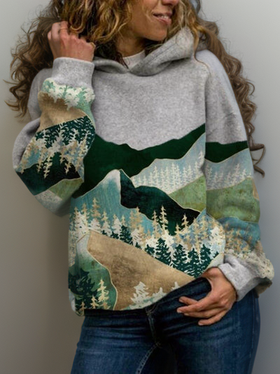 Comfortable Landscape Print Sweater for Women with Hooded Long Sleeve Relaxed Oversized Knit Style