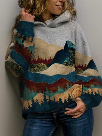 Comfortable Landscape Print Sweater for Women with Hooded Long Sleeve Relaxed Oversized Knit Style