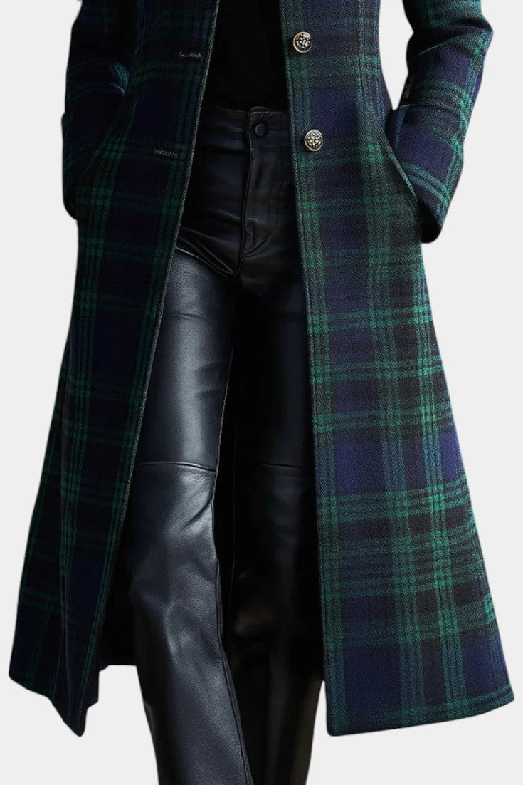 Women's Plaid Stand Collar Longline Wool Coat