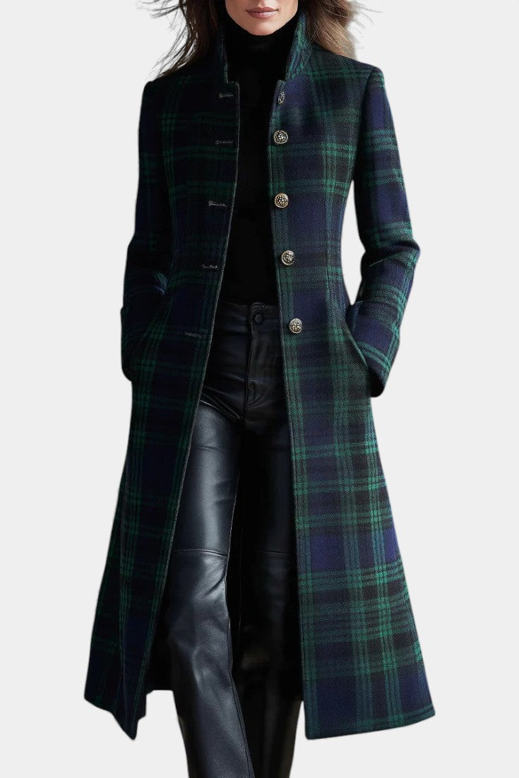 Women's Plaid Stand Collar Longline Wool Coat