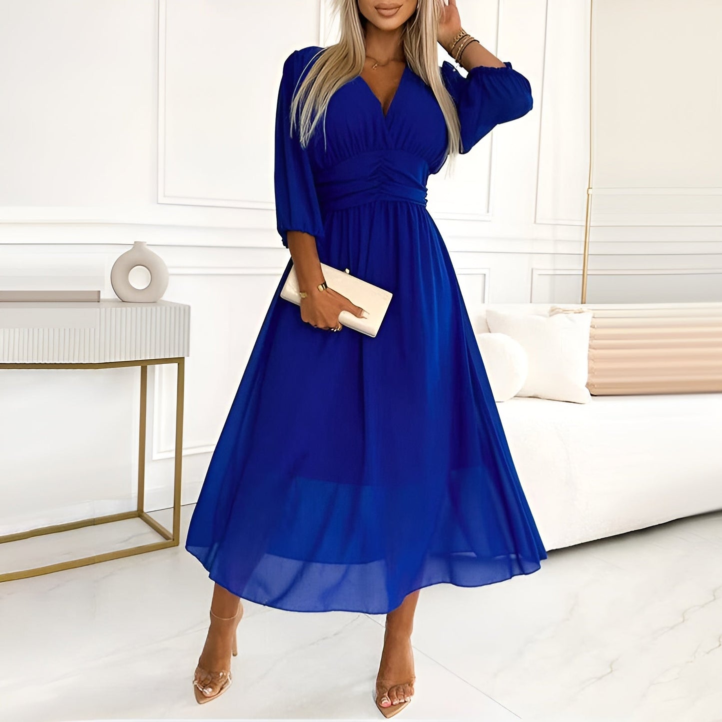 Elegant Chiffon Cocktail Dress for Women with V Neck Balloon Sleeve Ruched Waist Flowing Style