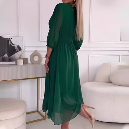 Elegant Chiffon Cocktail Dress for Women with V Neck Balloon Sleeve Ruched Waist Flowing Style