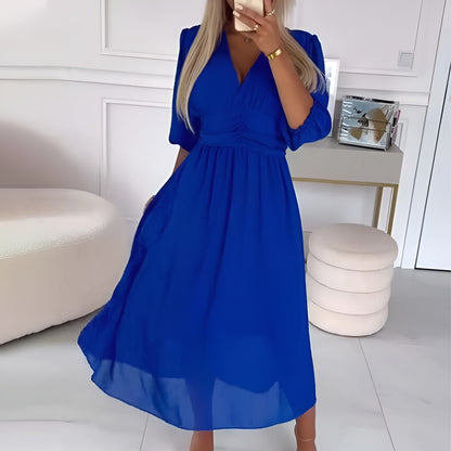 Elegant Chiffon Cocktail Dress for Women with V Neck Balloon Sleeve Ruched Waist Flowing Style