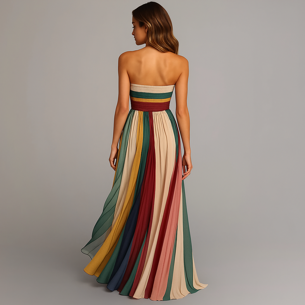 Elegant Multicolor Striped Maxi Dress for Women with Strapless Pleated A Line Flowing Wedding Guest Style
